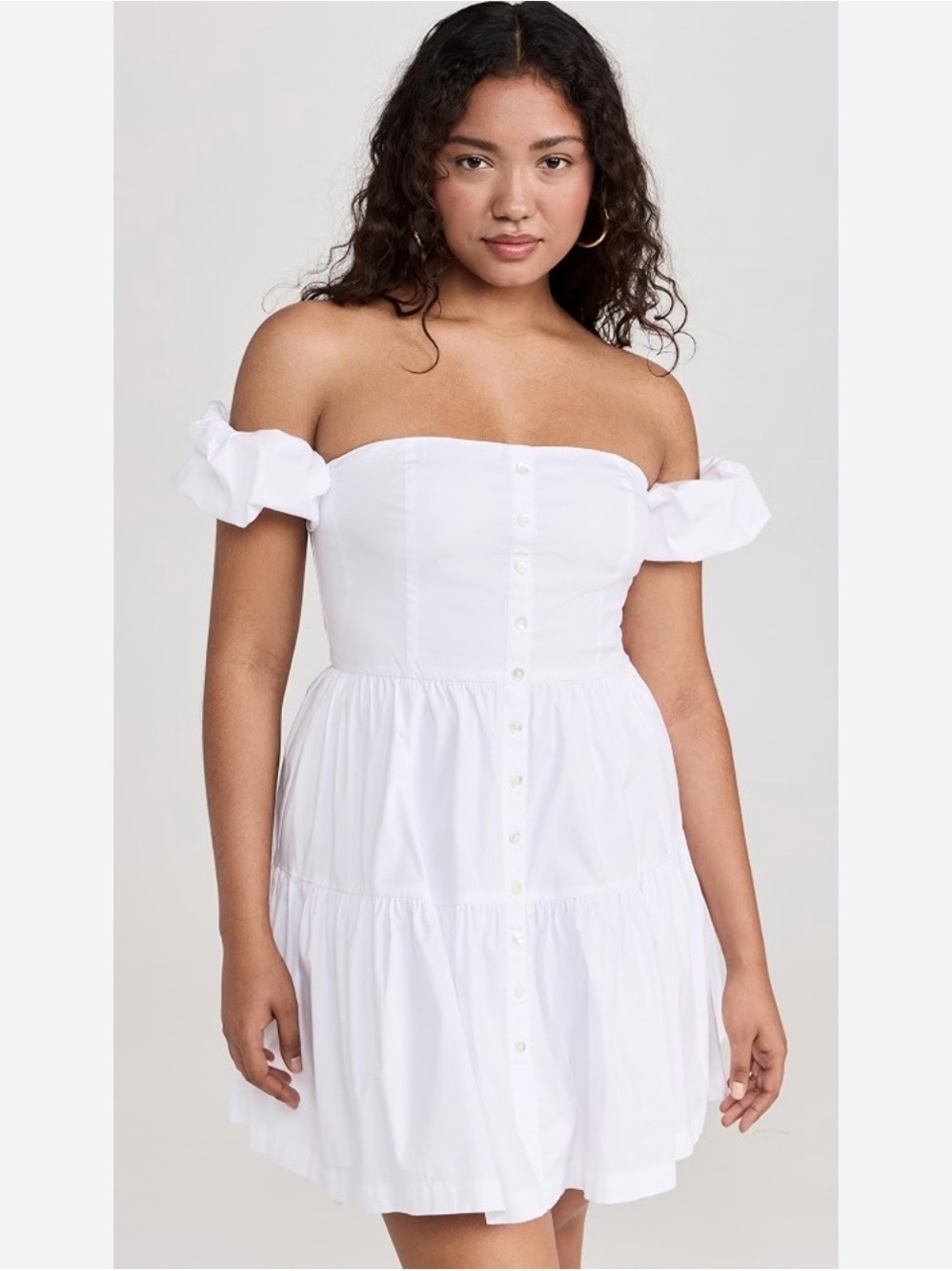 STAUD Elio White Off-Shoulder Button Mini Dress Cotton size 14 Babydoll